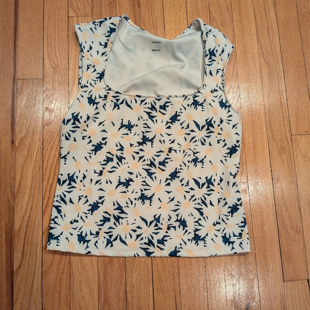 Maeve Anthropologie Cap Sleeve Cut In Knit Top Blue and Yellow Floral Size L